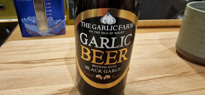 A bottle of garlic beer, from the garlic farm on the Isle of Wight.