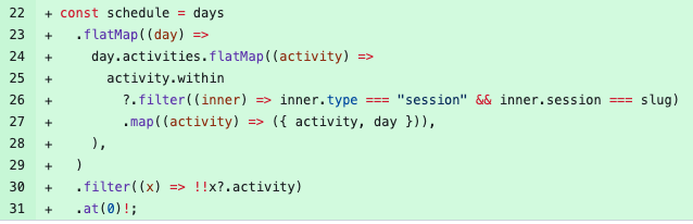 Git diff of added lines:

const schedule = days
	.flatMap((day) =>
		day.activities.flatMap((activity) =>
			activity.within
				?.filter((inner) => inner.type === 