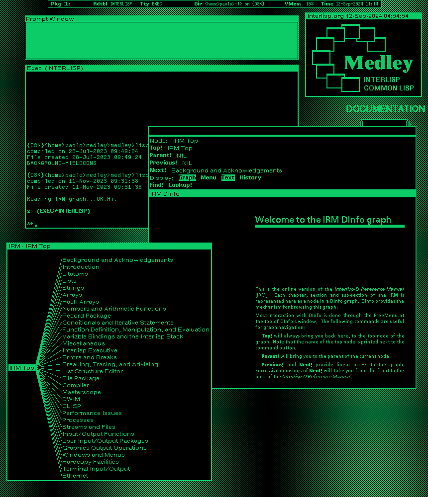 Screenshot of the monochrome desktop of a 1980s graphical workstation environment oriented in portrait mode. The desktop has a green background pattern and some windows with a black background and a title bar with black text on a green background. The two main windows show a documentation browser and the table of contents tree of the browser.