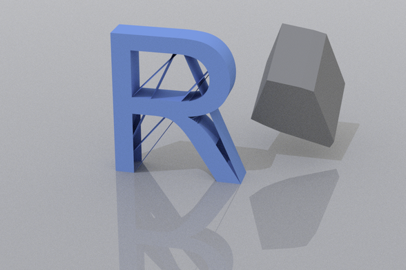 3D render of the letter R with some bad edges and faces making the render look broken.