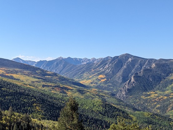 A view of the Truchas peaks ridge from the east, with early signs of fall (aspen) color visible at lower elevations. Pecos Wilderness, New Mexico