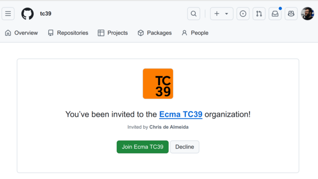 Screenshot of a GitHub invitation to join the TC39 organization.