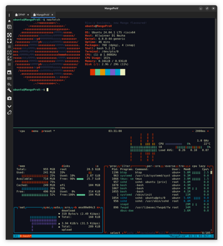 Terminal window with an upper pane and lower pane. Neofetch is displayed in the top pane and Btop is displayed in the bottom pane.