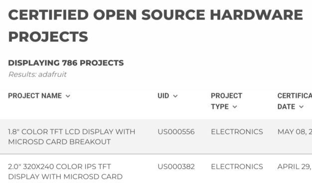 A screenshot of the OSHWA certification page listing 786 projects from Adafruit.