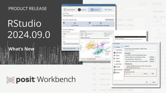 Product Release RStudio 2024.09.0 What's New. The Posit Workbench logo and images of the new credential screen for Posit Workbench, the Save Image dialogue box, and the Project Options dialogue box.