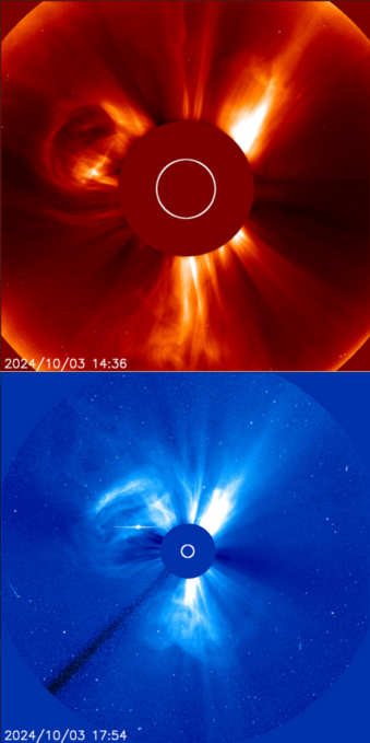 2 images on the Sun today after the flare taken by the Large Angle and Spectrometric COronagraph (LASCO) instruments on the joint NASA/ESA SOHO (Solar and Heliospheric Observatory) spacecraft.