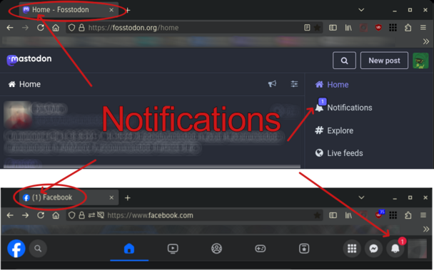 Notifications differences between Mastodon and Facebook on PC