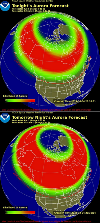 2 maps that show predicted intensity and location of the aurora borealis tonight and tomorrow night over North America. It also shows a 'viewline' that represents the southern-most locations from which you may see the aurora on the northern horizon. 