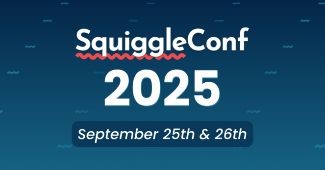 SquiggleConf 2025 event announcement graphic with dates September 25th & 26th. The background features a wavy blue ocean-like theme with the SquiggleConf logo in white and red, and bold white '2025' text.