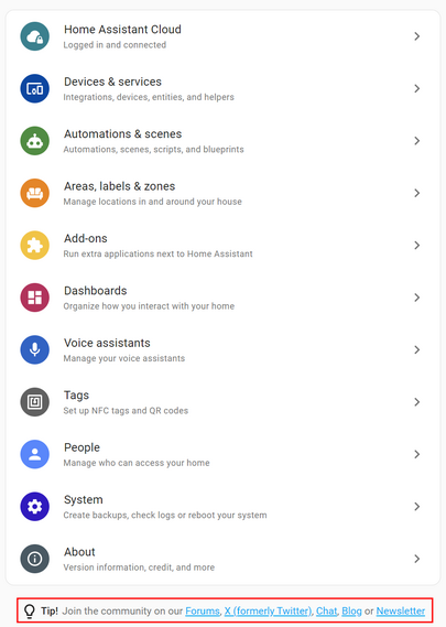 Home Assistant settings screen with all the standard options available. Down at the bottom, highlighted in a red square is the Tip! that says, 