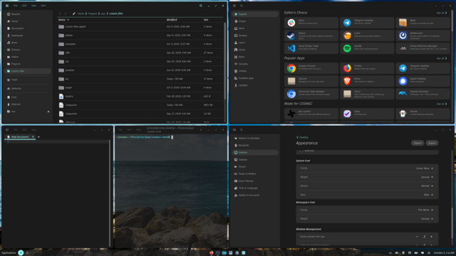 COSMIC apps using Comic Neue as the font.

In the top left, COSMIC Files showing its source code.
In the top right, COSMIC Store on the Explore page.
In the bottom left, COSMIC Edit with an empty document open next to COSMIC Term.
In the bottom right, COSMIC Settings showing the font selection interface.