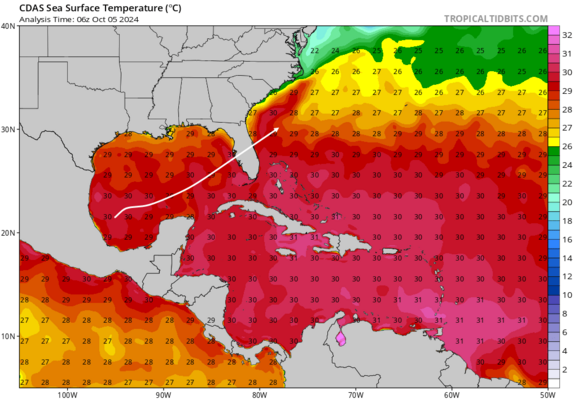 Map of Sea Surface Temperatures in the Western Atlantic region with track of the storm added by me.