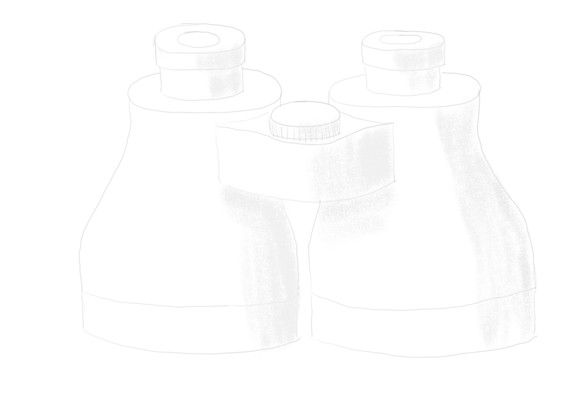 An incomplete drawing of binoculars with light gray outlines and gray shading.