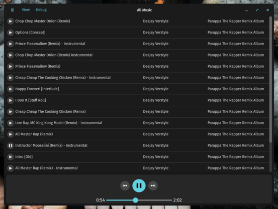 Screenshot of the YAMP app song library screen. Songs are shown in a vertically-scrolling list, with playback controls anchored at the bottom.