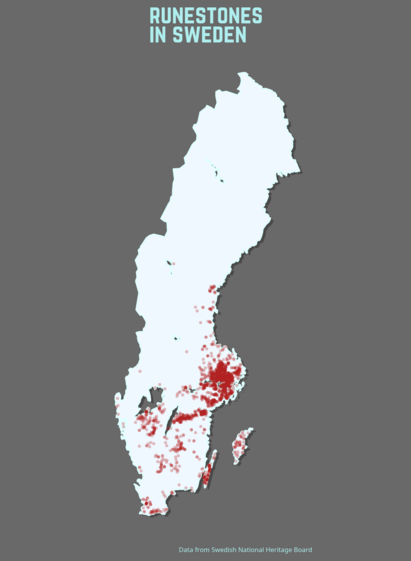 Map of Sweden with dots showing the location of runestones. 