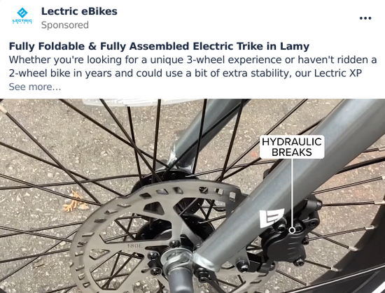 An advertisement from NextDoor showing a disc brake system on a bicycle and a label saying 