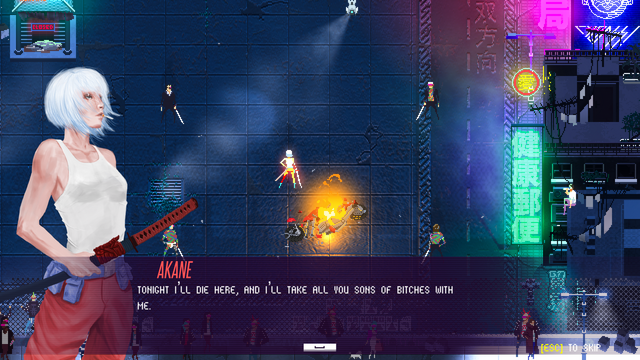 A screenshot from the game Akane. A slim woman with a sleeveless white shirt, red pants and a blue belt with several small pouches attached to it is holding a katana. Her hair is white and the caption shows that her name is Akane. She says: Tonight I'll die here, and I'll take all you sons of bitches with me.

In the background a scene from the game can be seen, in its stylish pixelated form.