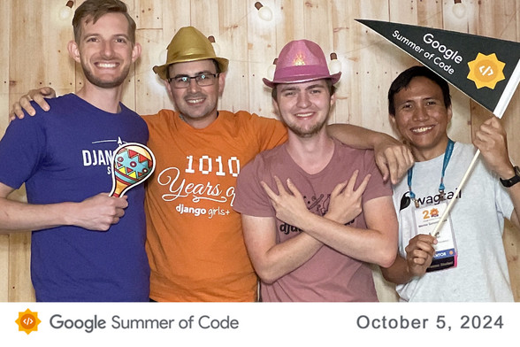 Tim, Thibaud, Storm, Sage posing for the picture, smiling. With Djangonaut Space, Django Girls, DjangoCon US, Wagtail shirts.