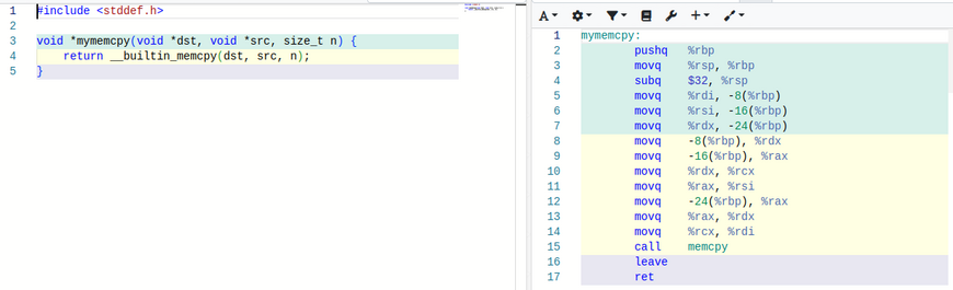 A screenshot of the godbolt.org compiler explorer that shows C code on the left and the generated assembly on the right, with color-coding to show which parts correspond to eachother.

It shows that the C code's call to __builtin_memcpy() compiles to a regular function call to libc's memcpy().