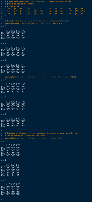 Example of permutating rgb pixel data from linear to array.

Output from running the code.