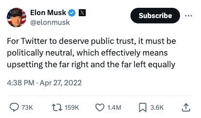 Tweet from 27-APR-2022 by Elon Musk:

