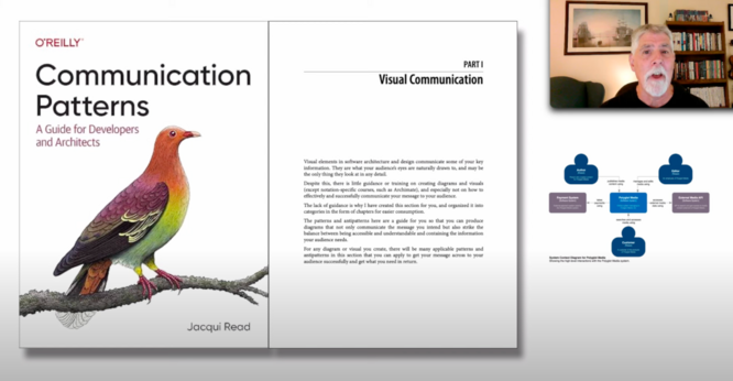 Screenshot of Mark's video showing the front cover and first page of part 1 of Communication Patterns, and a video of Mark talking in the upper right corner.