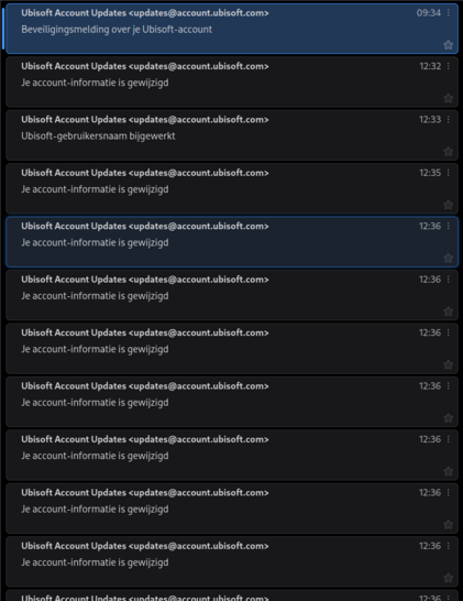 10 or more Ubisoft mails about changes to my account, displayed in Thunderbird.