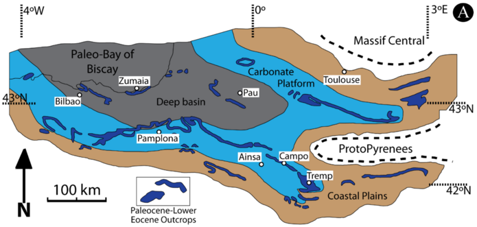 A map of the depositional environment at the time of the Paleocene-Eocene Thermal Maximum, showing uplands, tidal flats, carbonate platforms, and deep marine facies.
Figure from Daoust et al, submitted, modified from Pujalte et al. (2014)