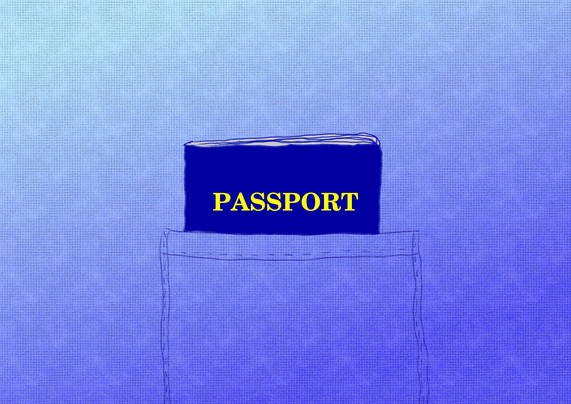 A crude drawing of a pocket with a passport poking out of it. Given the size and position of the pocket, it's likely to be part of a bag rather than a pair of pants.