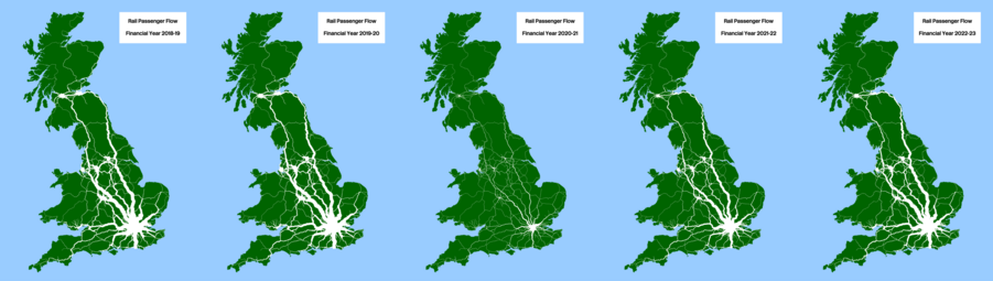 A set of five maps of Great Britain showing aggregated rail passenger numbers for FY2018-19 to FY2022-23. Land in dark green, sea in blue, passenger flow in white. Line width proportional to aggregated passenger numbers.