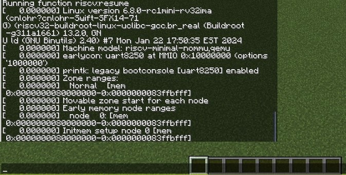 A screenshot of minecraft chat with the first few messages of the linux boot log