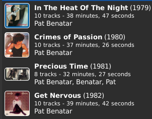 Four Pat Benatar Album covers: In the Heat of the Night 1979, Crimes of Passion 1980, Precious Time 1981, Get Nervous 1982.