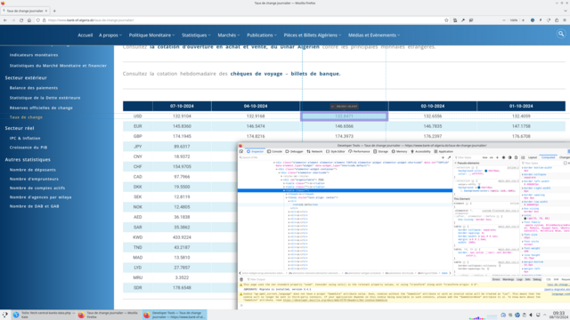 Screenshot of a web page consisting an HTML table, overlaid with a code inspector showing that the table is in fact 5 tables sitting side-by-side.