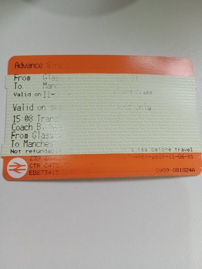 A rail ticket with only the first 4 or 5 characters of each line actually printed.