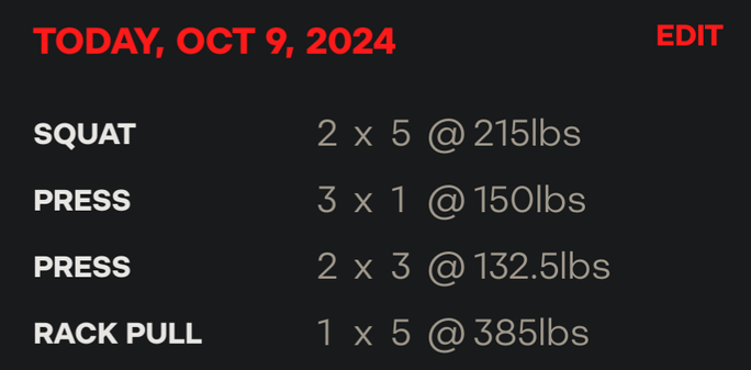 squat 2x5 215 lbs
press 3x1 150 lbs
press 2x3 132.5lbs
rack pull 1x5 385 lbs