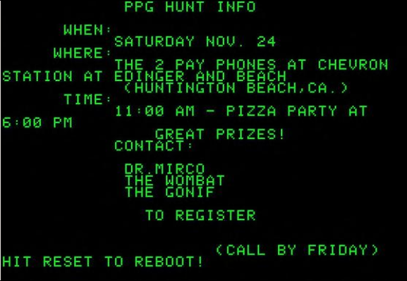 PPG HUNT INFO screen telling us about now-mystical pay phones.