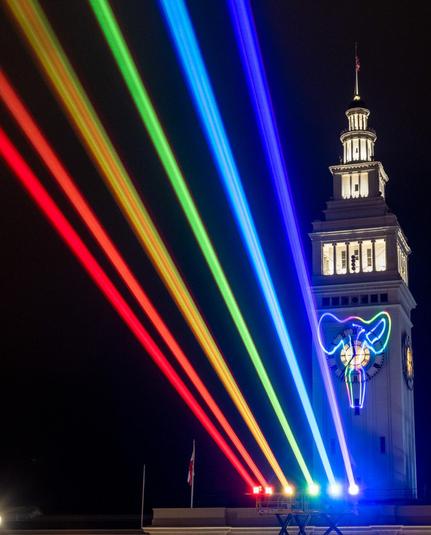 “light canons” (lasers) that got projected down Market Street during LGBTQ+ pride month of 2022. Also, a “dancing uterus” was projected onto the Ferry Building.