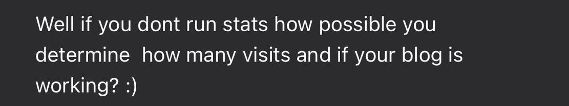 Screenshot of text reading “Well if you dont run stats how possible you determine how many visits and if your blog is working? :)”