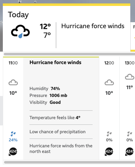 Screenshot from the BBC's weather forecast for today. Apparently in half an hour's time the wind speed will increase from the current gentle breeze to 14245 mph (Mach 700 and something). I'm sure that because my home is built of good solid Victorian bricks instead of flimsy American wood everything will be fine.