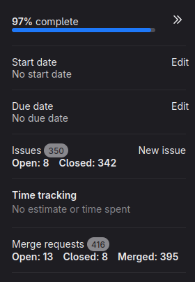 Screenshot of the Gitlab's 3.0 RC1 milestone showing the number of closed (342) issue and especially opened (8) issues remaining for GIMP 3.0 RC1 to be released.