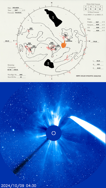 1. Solar Synoptic Map with annotated numbered active regions

2. SOHO LASCO Coronagraph of the Sun on Oct 9 shortly after the flare
