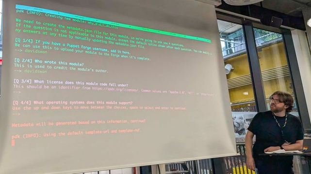 A multi-coloured terminal demoing the creation of a module in Puppet Developer Kit with multiple questions

The new module has been called 