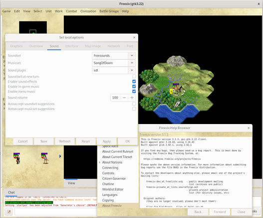 Freeciv screenshot showing also the help browser, which tells the version number. Another open dialog is the local sound settings, where custom soundset and musicset have been selected.