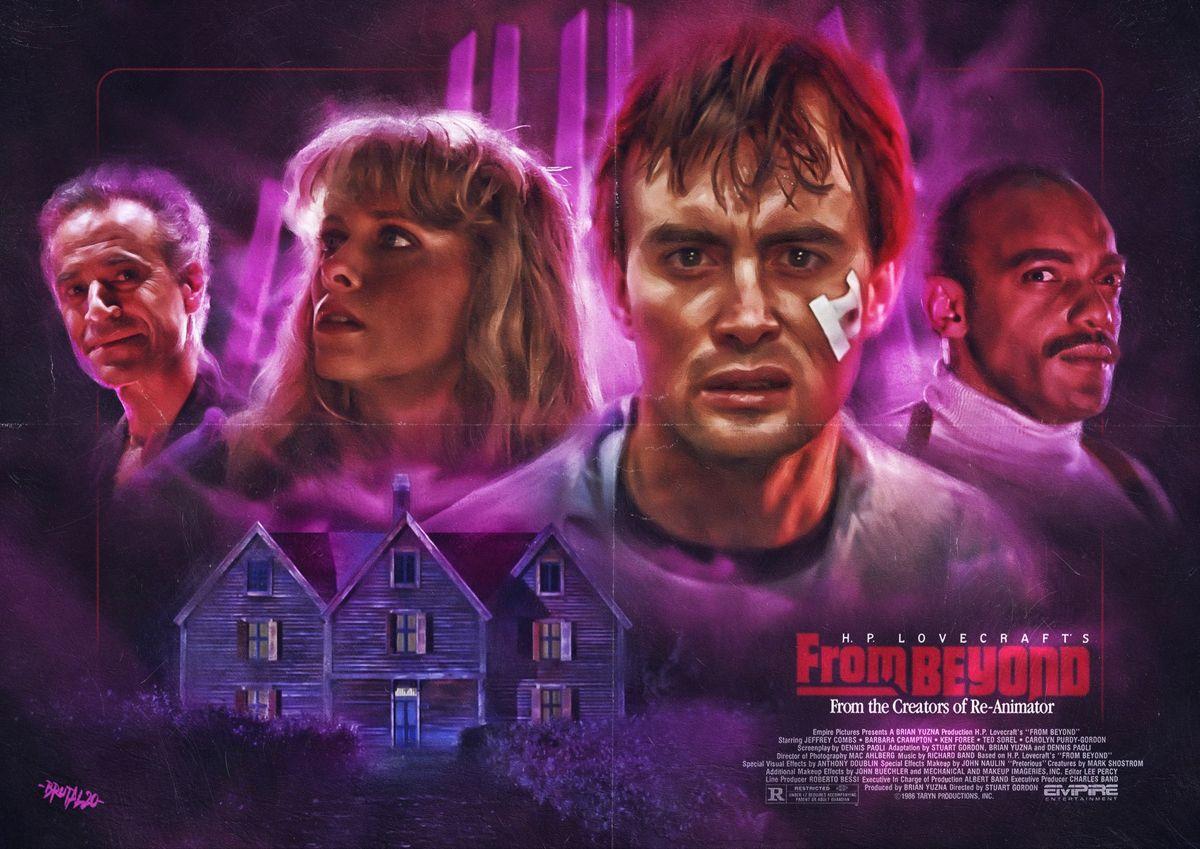 Movie poster featuring Ted Sorel, Barbara Crampton, Jeffrey Combs, and Ken Foree, seen above a spooky wooden house. The background is illuminated by a purple plasma-style glow.