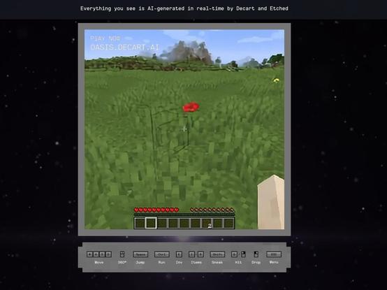 Screenshot of a video game hallucinated inside of an AI engine. A title above reads "Everything you see is AI generated in real-time by Decart and Etched". You can see a red flower in the middle of a green grassy field with mountains in the back, and a Minecraft-style inventory and health indicators at the bottom, as well as a summary of controls.