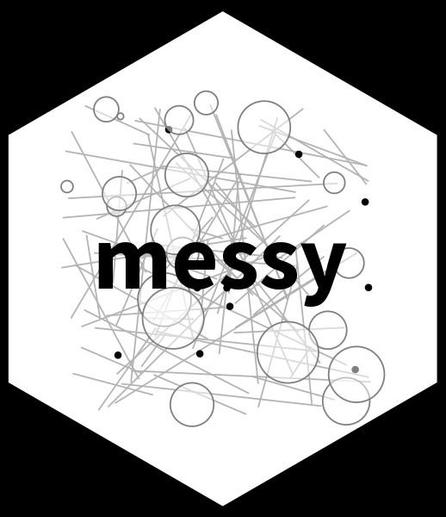 Hexagon logo for the messy R package. White hexagon with the word messy in black text overlaying a mess of circles, points, and lines.