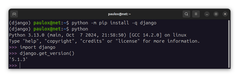 Terminal with executed command of installing Django 5.1.3, in a Python 3.13 virtual environment.