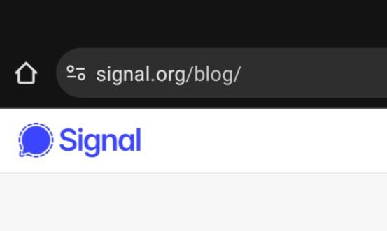 A screenshot of the Signal messaging app blog website. Its cropped to only show the URL and the logo. Again, this appears more purple than the blue I'm used to.