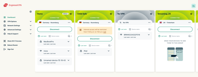 GUI in browser which sets up VPN Aircove Router - drag and drop to allocate different machines to different groups wherein each group has its own settings e.g. no VPN, or off times