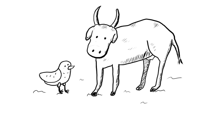 Line drawing of a pigeon looking up at a cow. (This was digitally drawn, but by hand without using any robots)